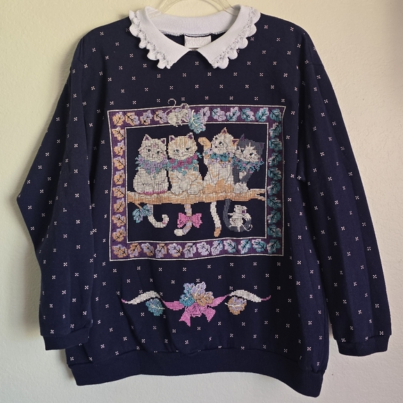 🎀Vintage SPUMONI Cat Embroidered Style Lacey Collared Sweatshirt🎀 - Picture 10 of 10